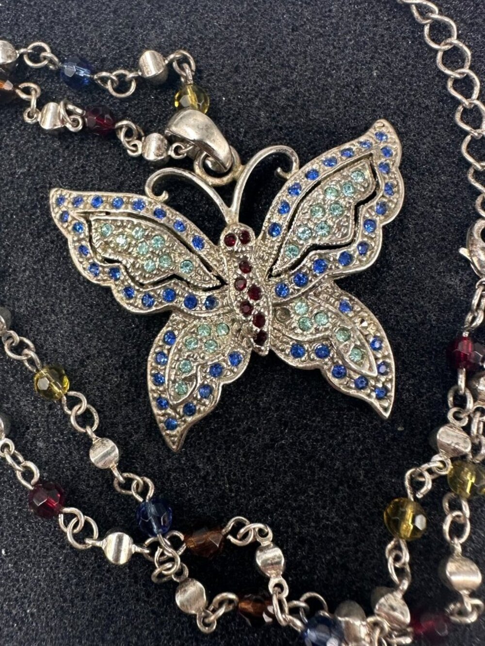3/$30 Butterfly Pendant Necklace Silver Tone Multicolored Rhinestones Chain Link